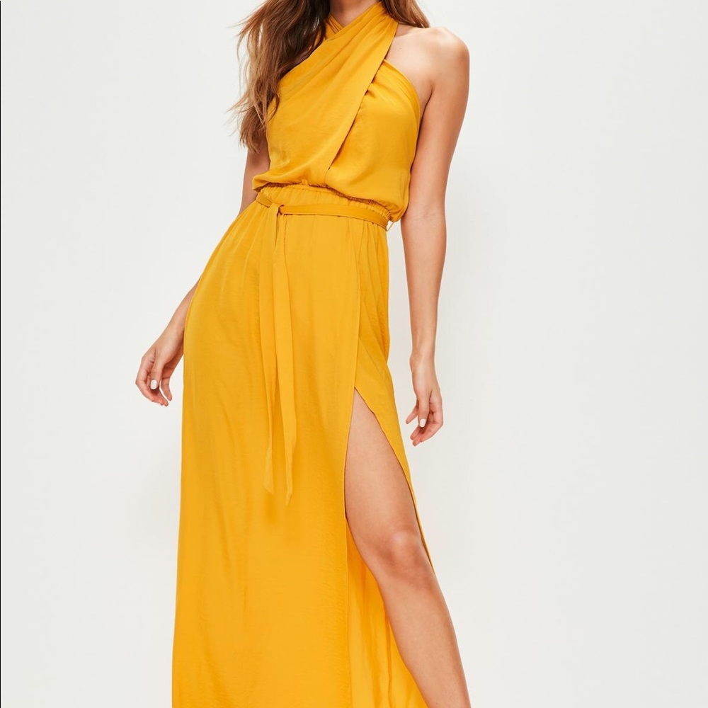 Missguided Mustard Yellow Twist Halter Maxi Dress